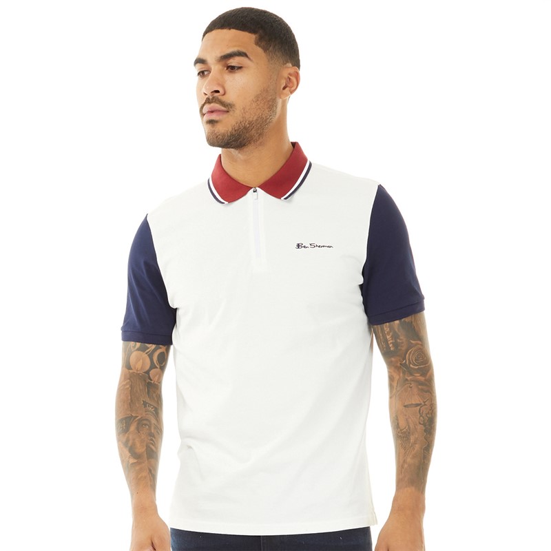 Ben Sherman Mens Zip Neck Polo Contrast Sleeve Polo Snow White