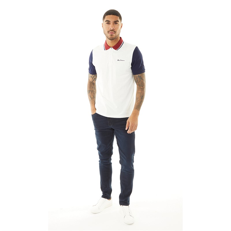 Ben Sherman Mens Zip Neck Polo Contrast Sleeve Polo Snow White