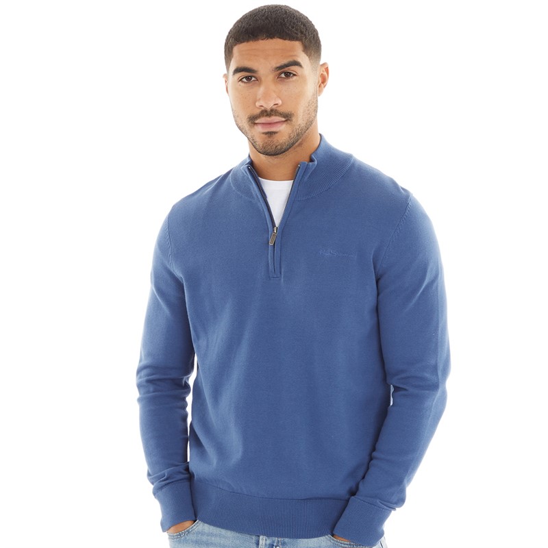 Ben Sherman Mens 1/4 Zip Funnel Neck Jumper Riviera Blue