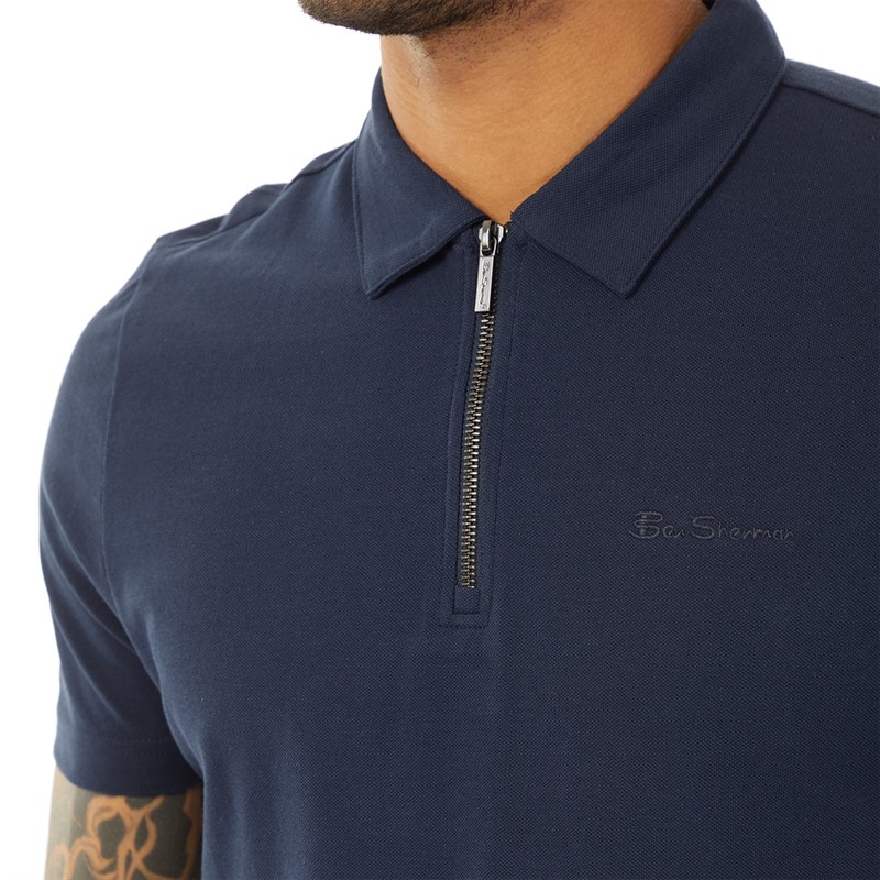 Ben Sherman Mens Pique Zip Polo Dark Navy