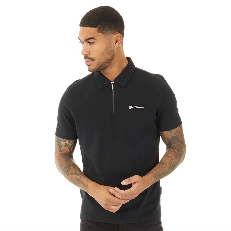 Ben Sherman Mens Pique Zip Polo Black