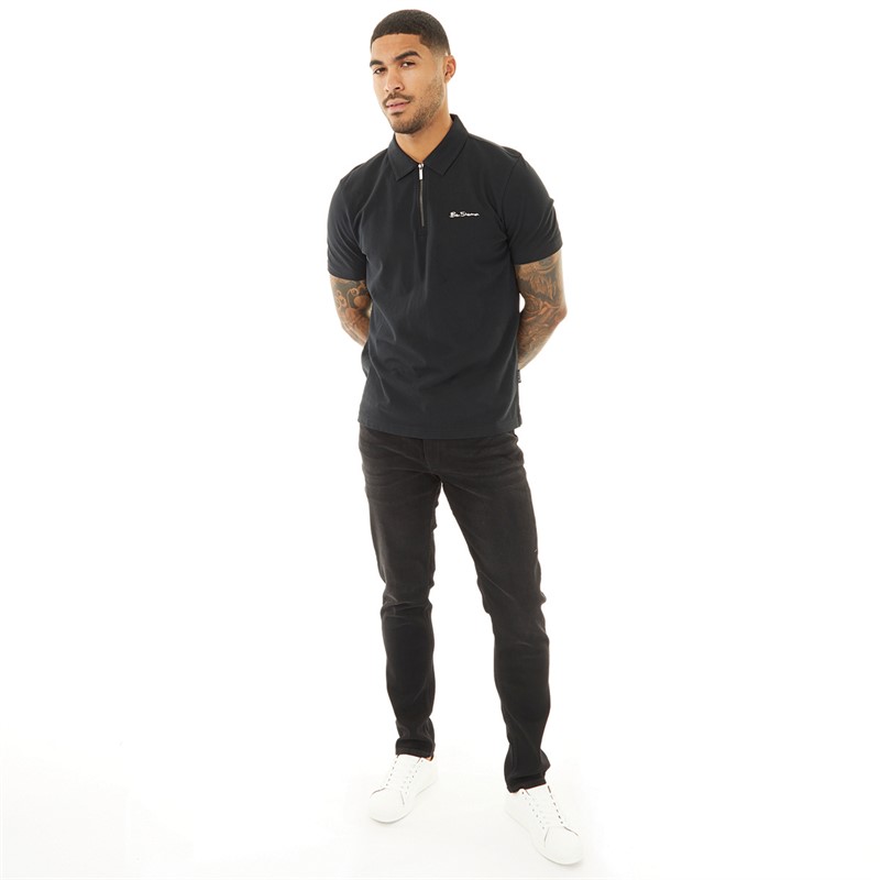 Ben Sherman Mens Pique Zip Polo Black