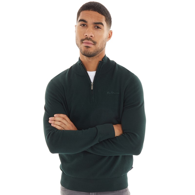 Ben Sherman Mens 1/4 Zip Funnel Neck Jumper Dark Green