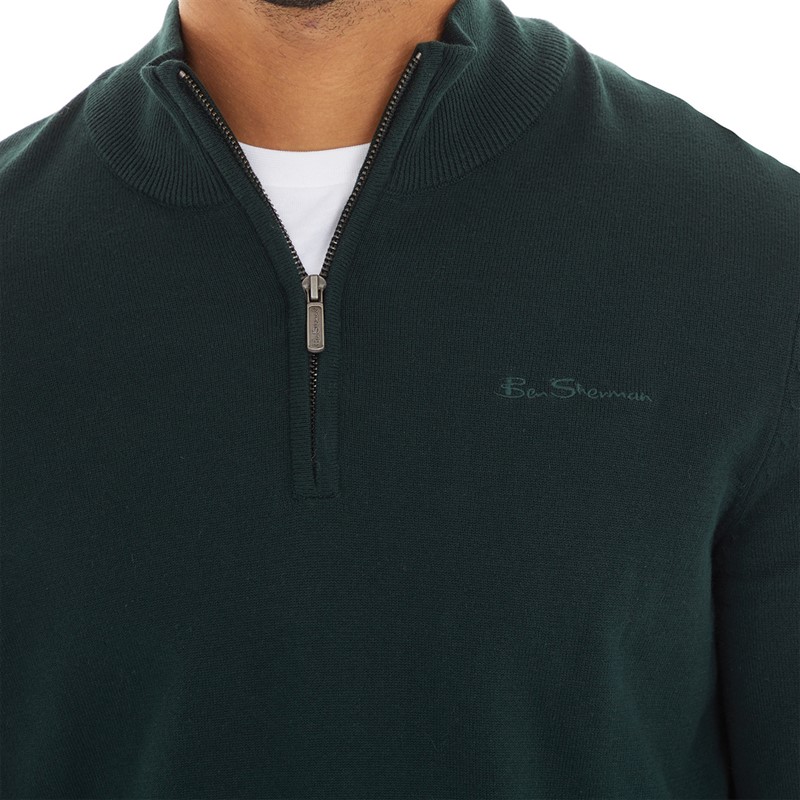 Ben Sherman Mens 1/4 Zip Funnel Neck Jumper Dark Green