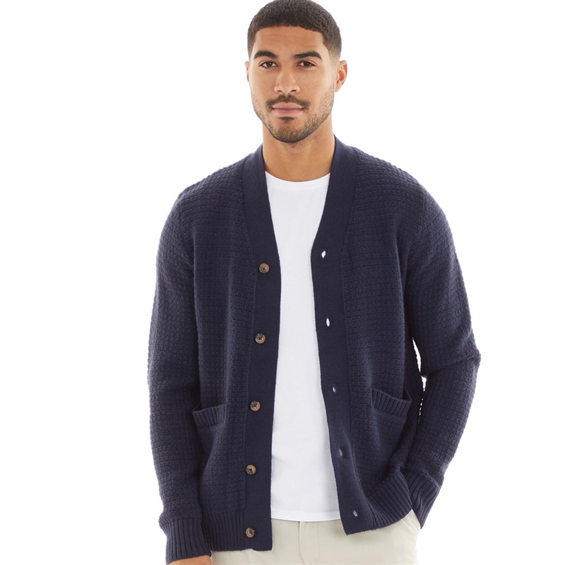 Ben Sherman Mens Bicolour Textured Cardigan Dark Navy