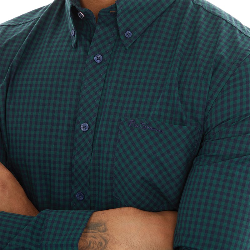 Ben Sherman Mens Long Sleeve Gingham Dark Green