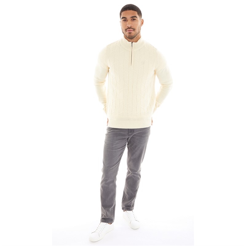 Ben Sherman Mens Pattern Front 1/4 Zip Funnel Neck Jumper Ecru