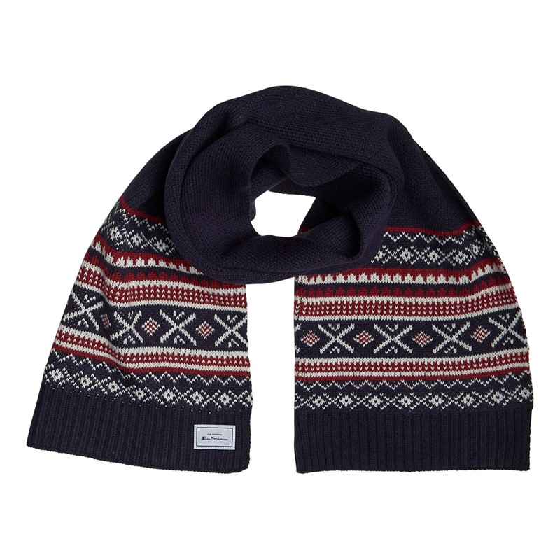 Ben Sherman Mens Fair Isle Scarf Navy/Wine/Ivory White