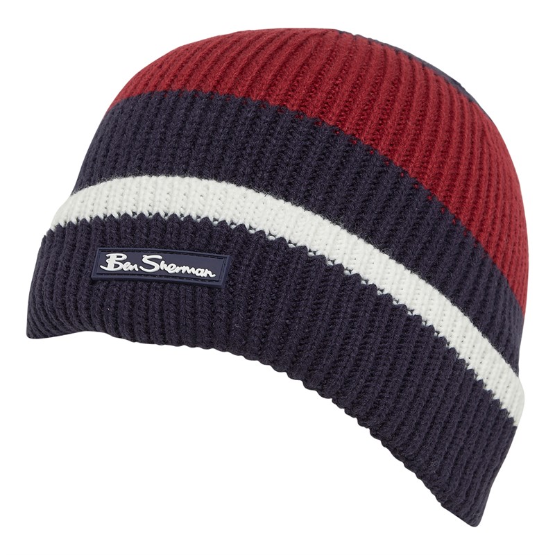 Ben Sherman Mens Block Stripe Rib Beanie Navy/Red/White