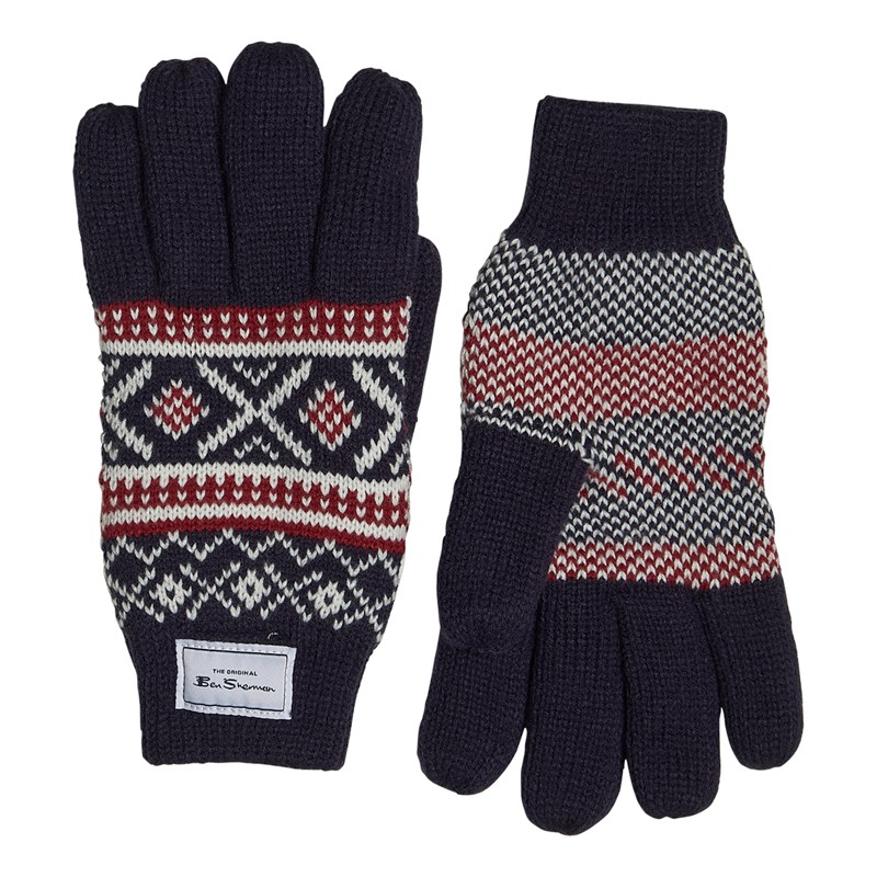 Ben Sherman Mens Fair Isle Gloves Navy/Wine/Ivory White