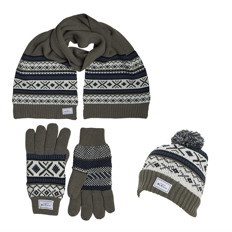 Ben Sherman Mens Fairisle Block Scarf Beanie And Gloves Set Grey/Black/Blue/White