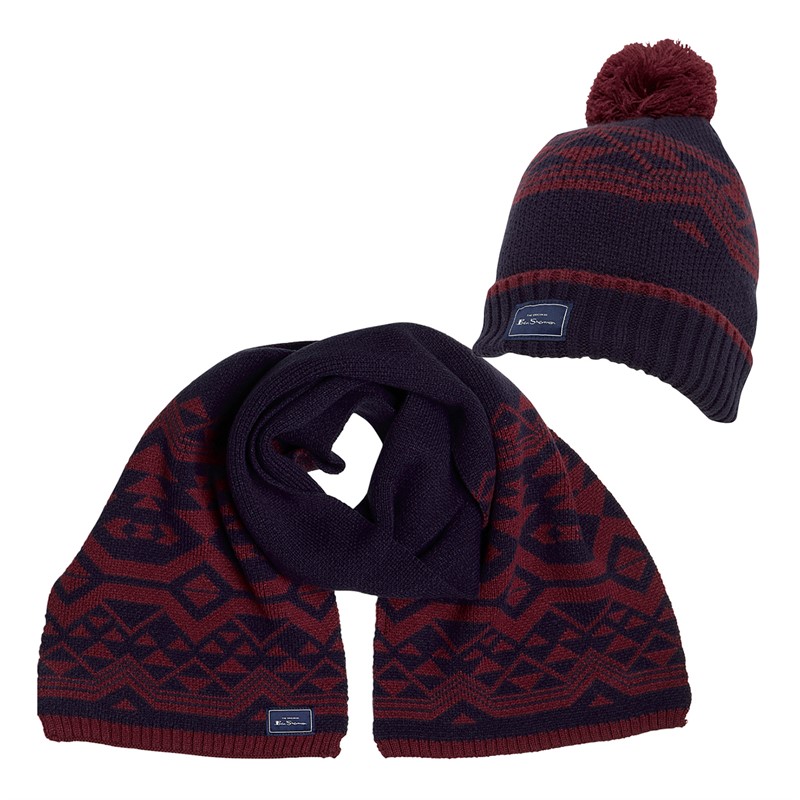 Ben Sherman Mens Aztec Knit Scarf And Bobble Beanie Set Navy/Red