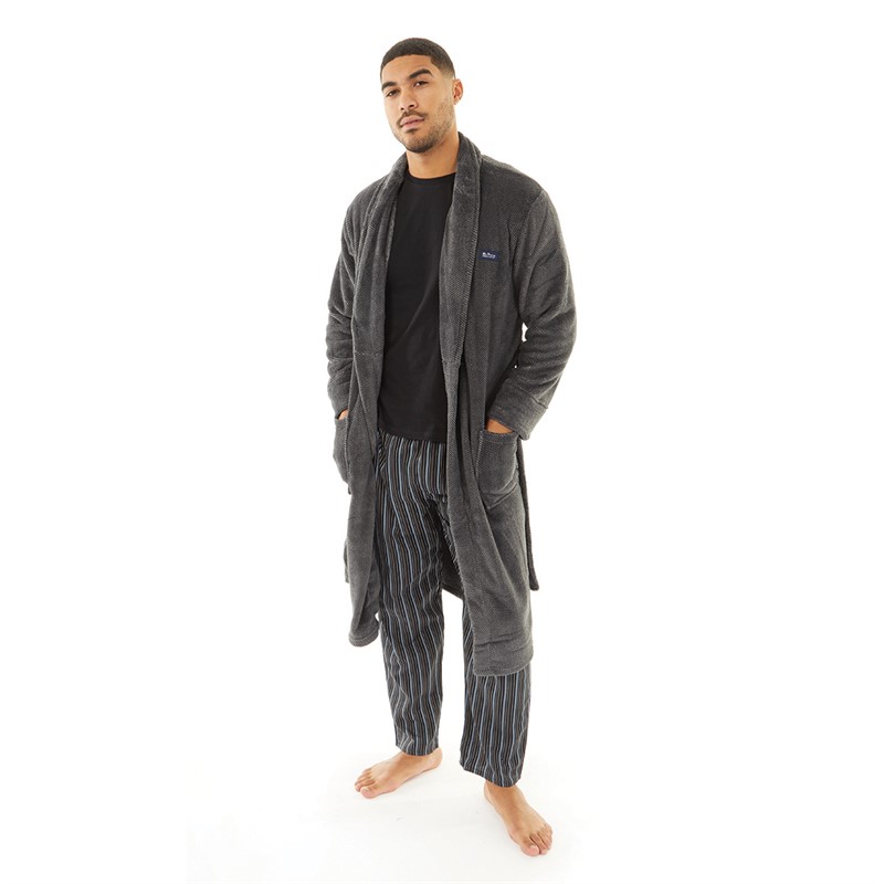 Ben Sherman Mens Thor Herringbone Fleece Robe Black