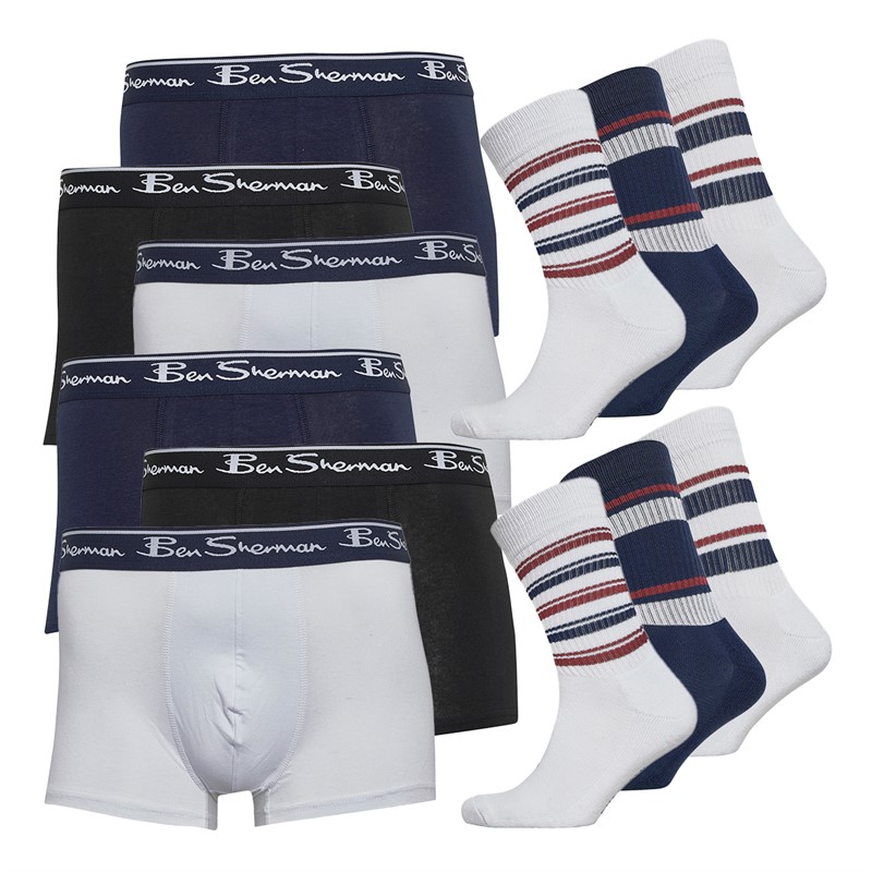 Ben Sherman Mens Six Pack Underwear And Six Pack Socks Gift Set White/Black/Navy