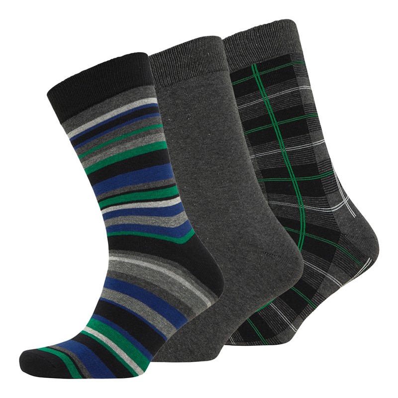 Ben Sherman Mens Bronco Three Pack Socks Black/Charcoal Stripe/Check