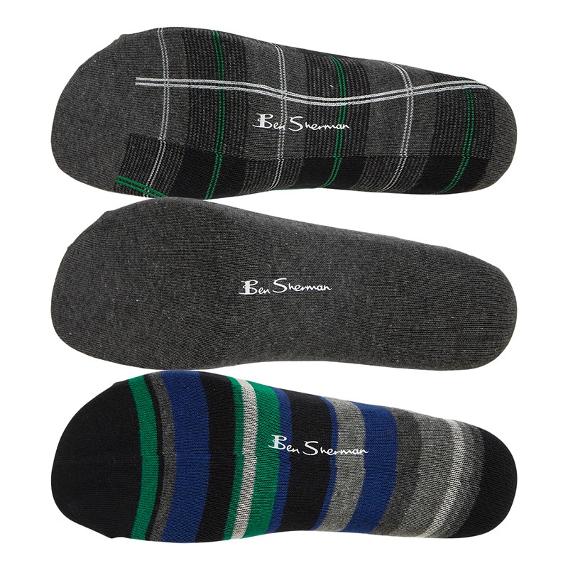 Ben Sherman Mens Bronco Three Pack Socks Black/Charcoal Stripe/Check