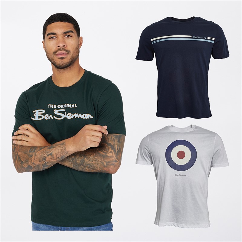 Ben Sherman Mens Three Pack T-Shirts Dark Navy/Dark Green/White