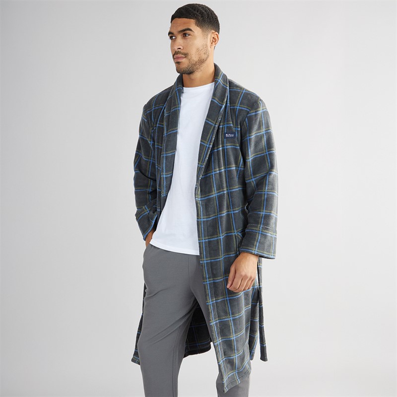 Ben Sherman Mens Darius Fleece Robe Charcoal Check