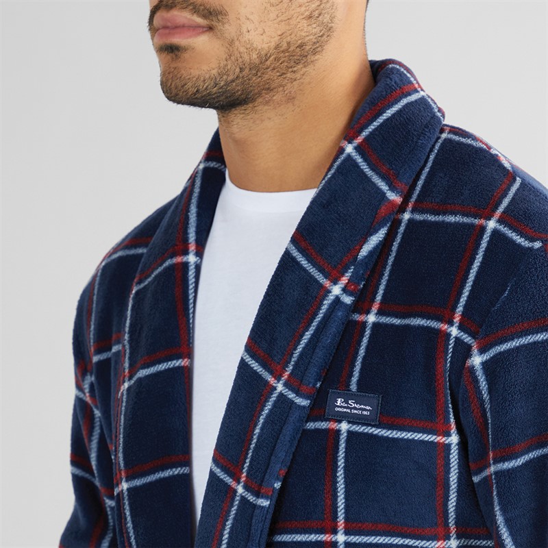 Ben Sherman Mens Dallas Fleece Robe Navy Check