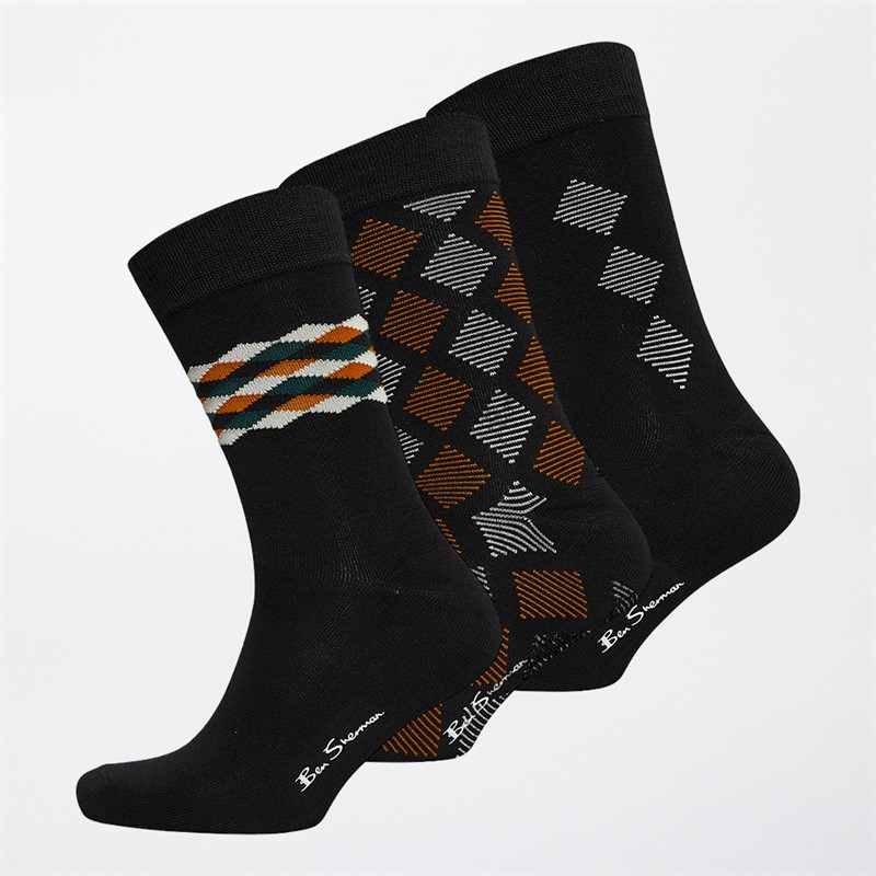 Ben Sherman Mens Wildfire Three Pack Socks Black/Brown/Teal - Size 7