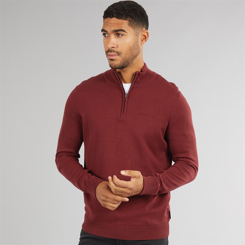 Ben Sherman Herren Viertel Reißverschluss Trichterkragen Pullover Weinrot