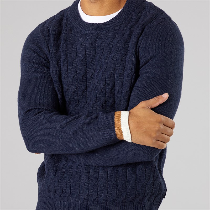 Ben Sherman Mens Cable Textured Crew Jumper Dark Navy