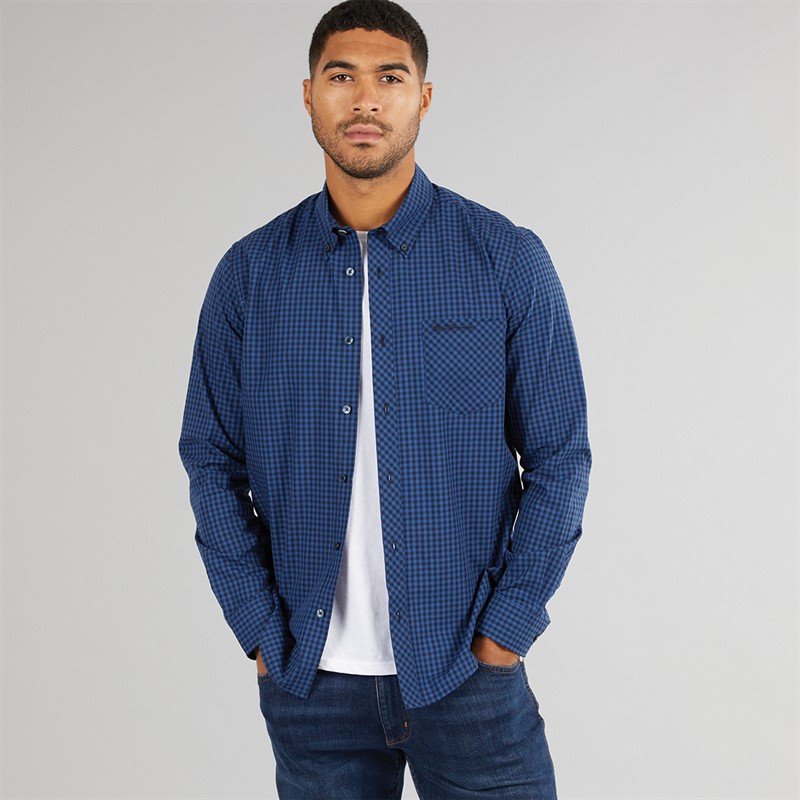 Ben Sherman Mens Long Sleeve Gingham Shirt Royal Blue