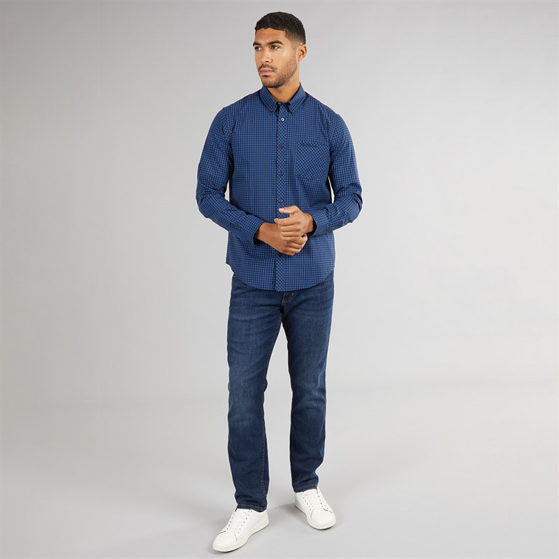 Ben Sherman Mens Long Sleeve Gingham Shirt Royal Blue