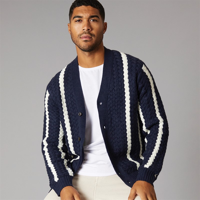 Ben Sherman Mens Textured Stripe Cardigan Dark Navy