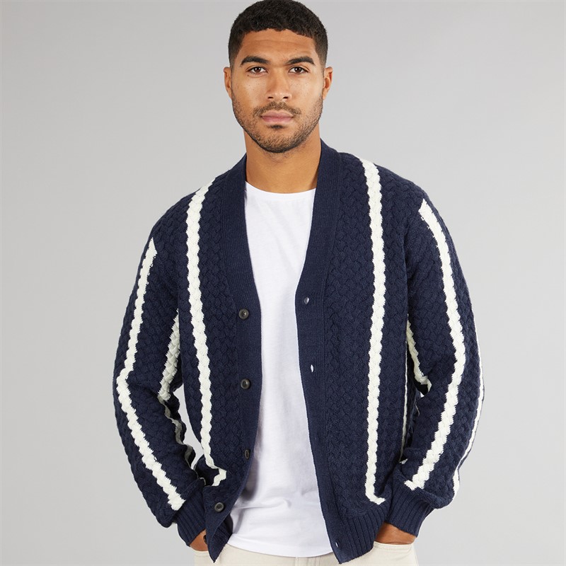 Ben Sherman Mens Textured Stripe Cardigan Dark Navy