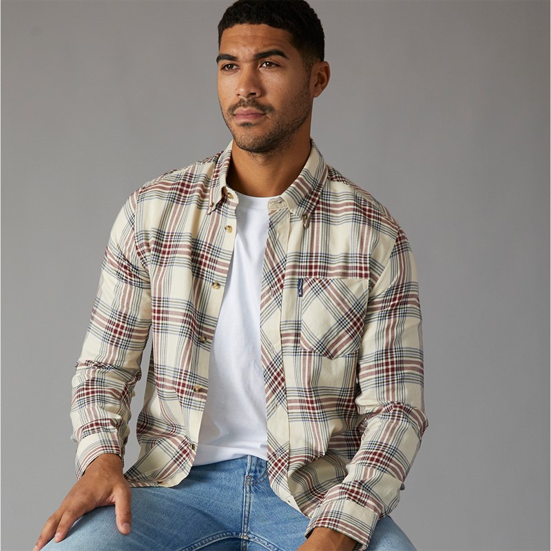 Ben Sherman Mens Long Sleeve Grid Check Shirt Fog