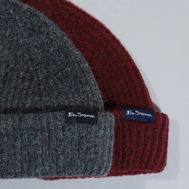 Ben Sherman Mens Two Pack Beanies Slate/Burgundy