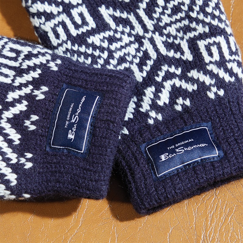 Ben Sherman Mens Fairisle Gloves Navy/White
