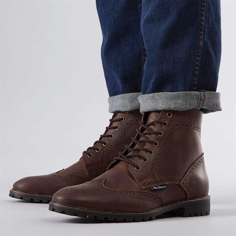 Ben Sherman Mens Duke Leather Brogue Boots Waxy Brown