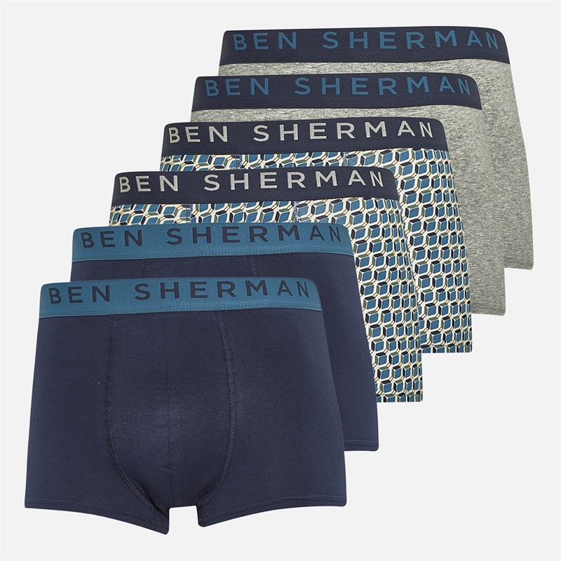 Ben Sherman Mens Ren Six Pack Trunks Navy/Blue Print/Navy/Blue Print