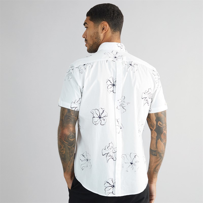Ben Sherman Mens Linear Floral Print Short Sleeve Shirt Snow White