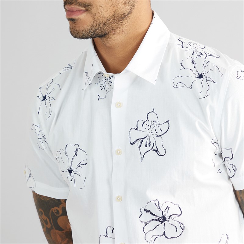 Ben Sherman Mens Linear Floral Print Short Sleeve Shirt Snow White
