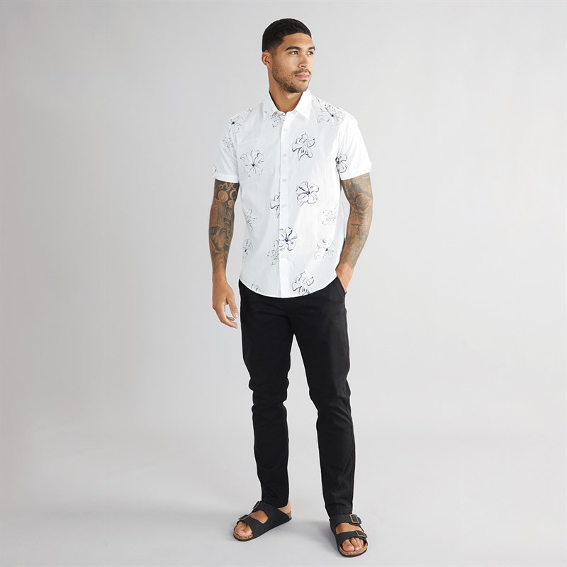 Ben Sherman Mens Linear Floral Print Short Sleeve Shirt Snow White