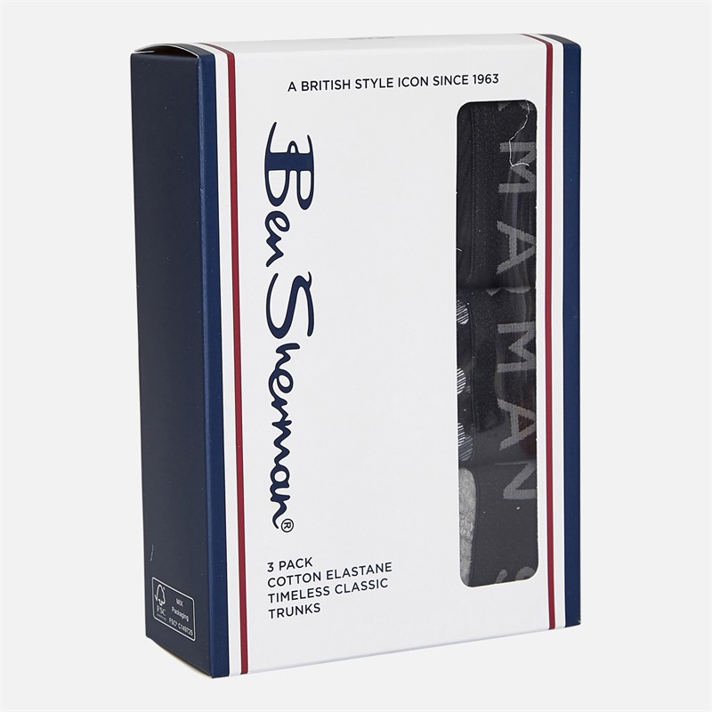 Ben Sherman Mens Jalen Three Pack Boxer Trunks Black/Print/Grey