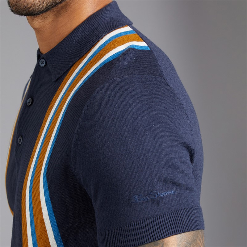 Ben Sherman Mens Vertical Stripe Knitted Polo Shirt Dark Navy
