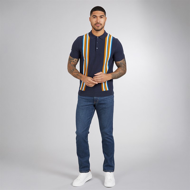 Ben Sherman Mens Vertical Stripe Knitted Polo Shirt Dark Navy