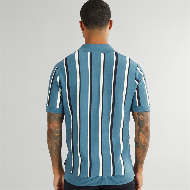 Ben Sherman Mens Vertical Stripe Open Neck Polo Shirt Teal