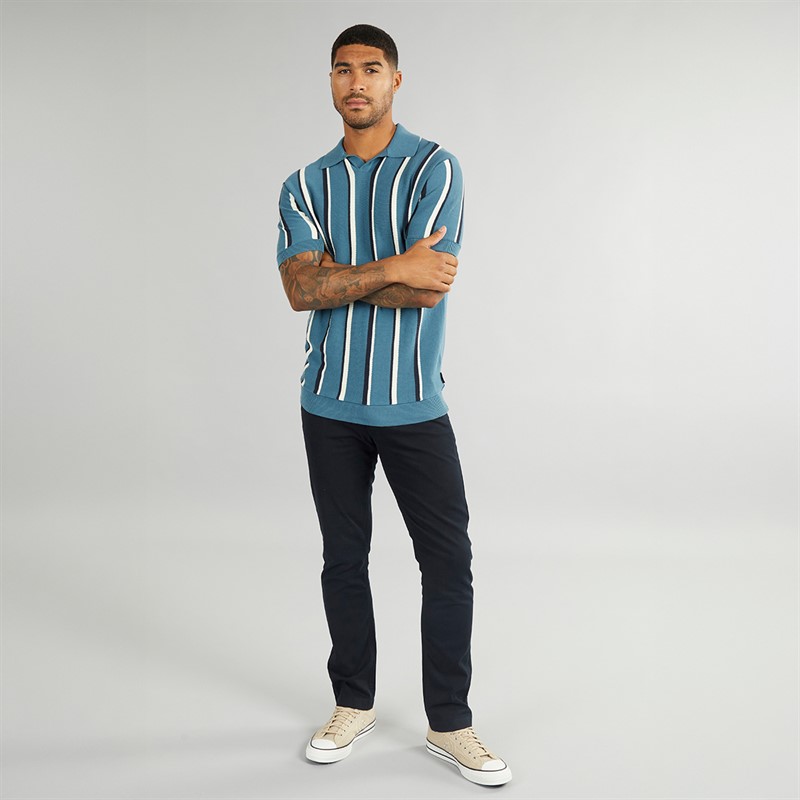 Ben Sherman Mens Vertical Stripe Open Neck Polo Shirt Teal