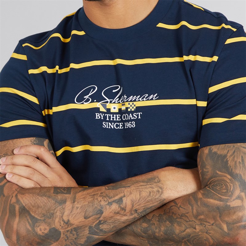 Ben Sherman Mens Stripe Script T-Shirt Dark Navy