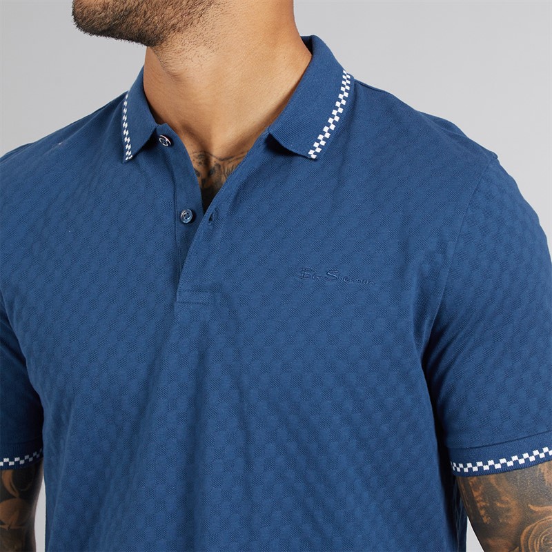 Ben Sherman Mens Chequerboard Textured Polo Shirt Indigo