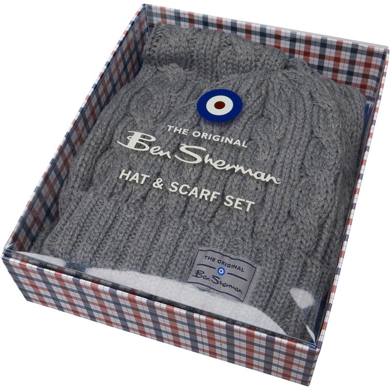 Buy Ben Sherman Mens Reyes Cable Hat & Scarf Set Grey