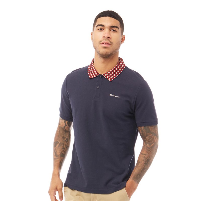 Buy Ben Sherman Mens Jacquard Collar Pique Polo Dark Blue