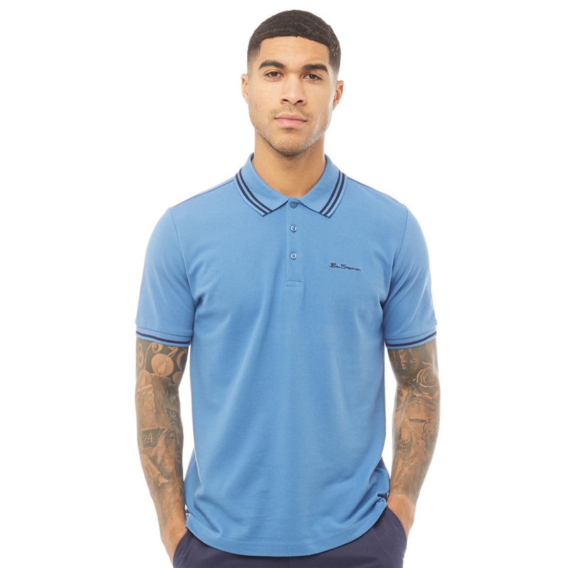 Ben Sherman Mens Twin Tipped Pique Polo Blue Navy Tip