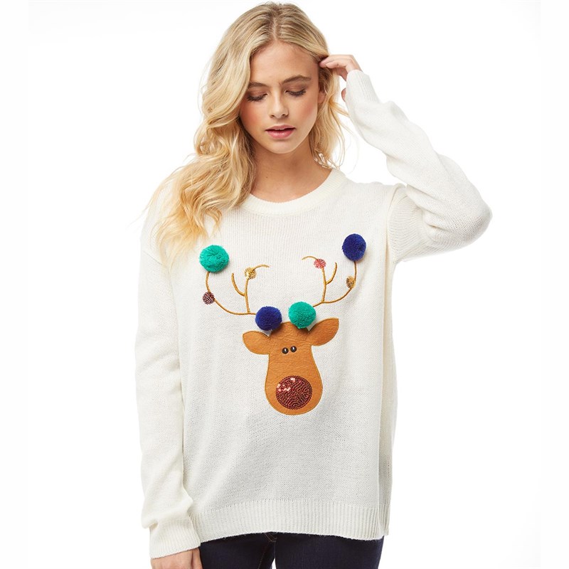 Buy Brave Soul Womens Reindeer Applique Jumper With Pom Pom And Sequins