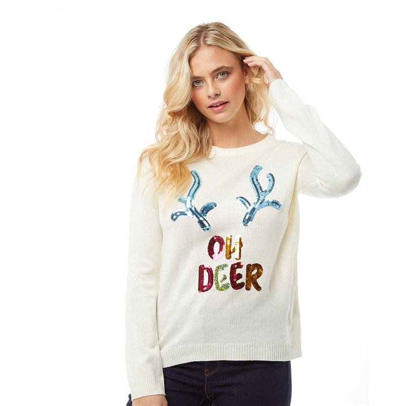 Buy Brave Soul Womens Oh Deer Sequin Jumper Cream/Gold Sequins